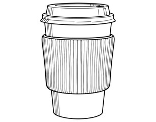 Paper coffee cup with lid and sleeve hand drawn vector illustration. Black and white disposable takeaway beverage container sketch isolated on white background.