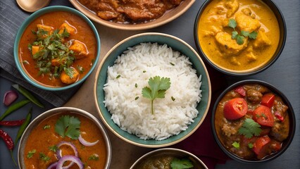 A vibrant overhead view of a delicious assortment of indian cuisine dishes served in bowls