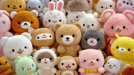 A vibrant array of plush toys fills the space, featuring diverse animal characters in pastel colors. Each toy displays unique facial expressions, bringing warmth to the room.
