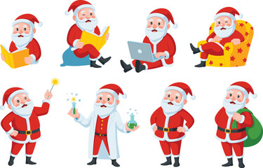 Cute cartoon Santa Claus set reading book using laptop sitting in chair and holding science beakers vector illustration.