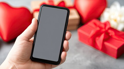 Hand holding a blank mobile phone with heart-shaped balloons and gift boxes in a beautifully decorated living room for Valentine's Day celebration