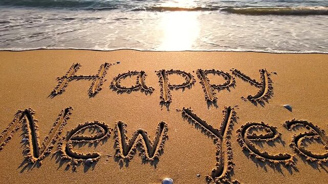 Above view of happy new year written in beach sand.