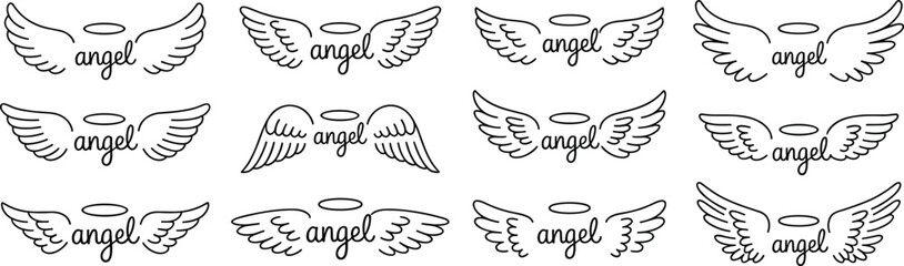 Minimalist angel wings and halo line art design collection featuring elegant handwritten typography, divine spiritual symbols,