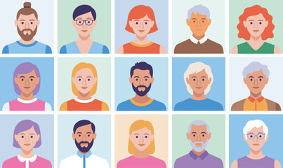 Modern flat design avatar collection featuring diverse people illustrations, faceless portraits, professional profile icons, colorful cartoon character design set