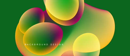 Abstract colorful shapes overlap green background. Gradient hues create dynamic visual effect. Modern design element for digital projects.