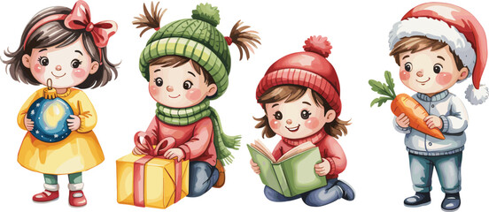 Set of cute watercolor cartoon children characters for Christmas holding gift ornament book and carrot for snowman.