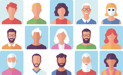 Modern flat design avatar collection featuring diverse people illustrations, faceless portraits, professional profile icons, colorful cartoon character design set