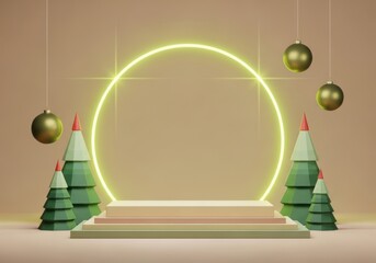 Festive christmas scene with neon ring and ornaments isolated on white background