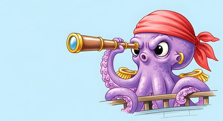 A cartoon illustration of a purple octopus pirate looking through a spyglass. Whimsical sea creature character on a ship with copy space