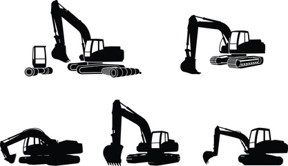 Set of heavy construction excavator silhouettes showing hydraulic diggers in various poses vector illustration. © Sihab Creatives