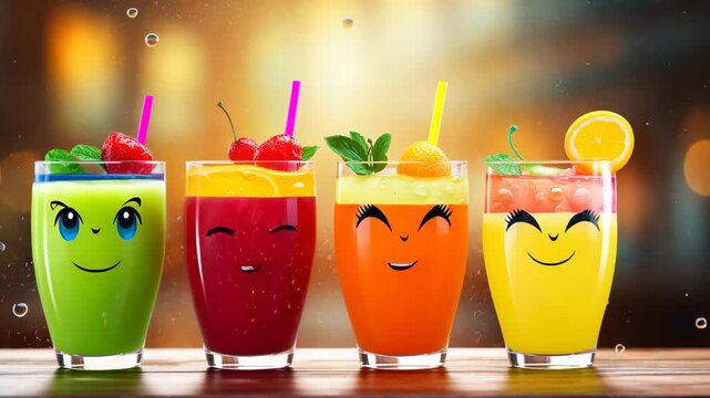 Cute cartoon juice glasses with happy faces
