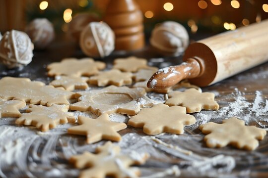 Cookie dough with cut-out shapes on flour-dusted table, rolling pin in background, baking in progress backdrop.