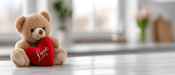 Teddy bear holding red heart with love message on white background for romantic celebration and special occasions