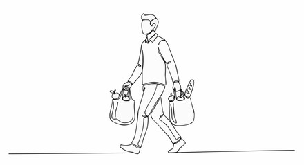 Man Carrying Grocery Bags in Continuous Line Art.