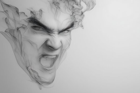 Furious man face emerging from smoke screaming
