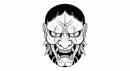 Detailed Oni Mask Illustration - A Symbol of Japanese Folklore.
