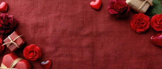 Celebrate love with a beautiful valentines day flat lay featuring hearts, roses, and gifts on a vibrant red background for creative designs and heartfelt messages