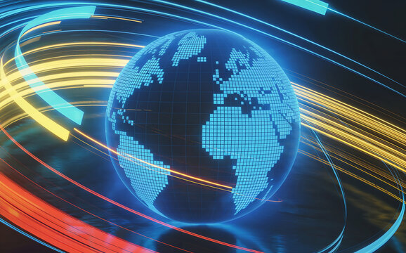 Abstract digital globe with glowing light trails representing global data networks and fast internet connections, symbolizing technology and connectivity