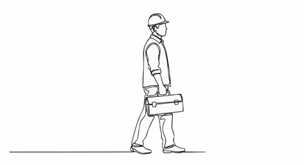Line Art of a Construction Worker Walking with Briefcase.