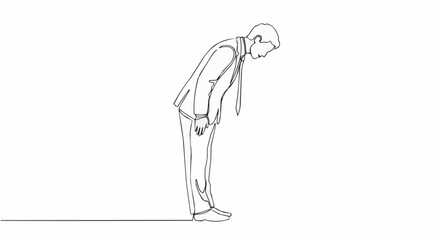 Man in suit bowing deeply in a minimalist line drawing.