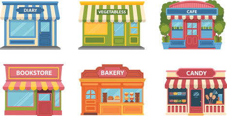Vector set of colorful city storefronts including bakery bookstore candy cafe vegetable and diary shop building facades.