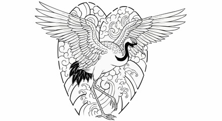 Elegant Japanese crane with wings spread wide line art illustration.