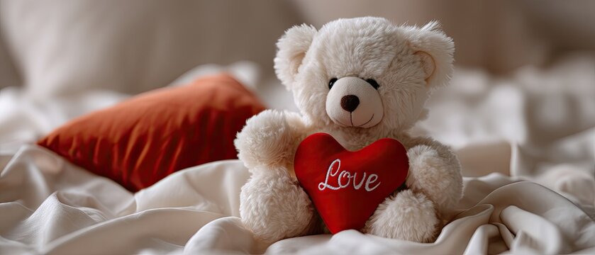 Cute teddy bear holding a red heart that says Love with a soft color profile and a blurred background creates a warm feeling of affection and comfort