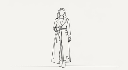 Elegant Woman in Trench Coat Line Art Illustration.