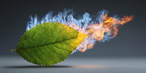 Conceptual image of green leaf with fiery trail and smoke, representing environmental crisis and climate change awareness for ecological campaigns