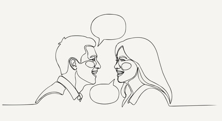 Two people talking with speech bubbles, a line art illustration.