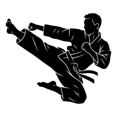 Black silhouette of a man in a white gi performing a karate kick male martial 1
