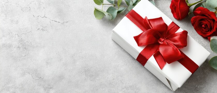 Valentines day celebration with candle, gift box, and red roses arranged beautifully on a table for a romantic atmosphere