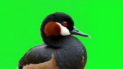 Striking duck with vibrant plumage and intense red eyes against a bright green screen backdrop ready for compositing and creative projects needing wildlife footage