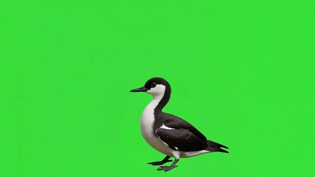 Elegant pied shag bird walking gracefully across a vibrant green screen backdrop, perfect for wildlife documentaries and conservation campaigns for nature lovers