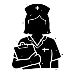 Black silhouette of nurse with cap holding clipboard and medical cross symbol white