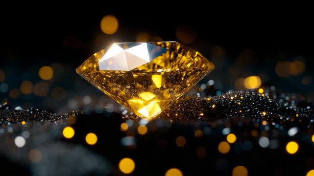 Golden yellow diamond glowing in darkness
