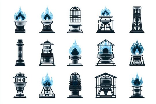 Minimalist blue-accented gas flame and lantern icons suitable for energy, safety, heating, or lighting branding and digital interfaces