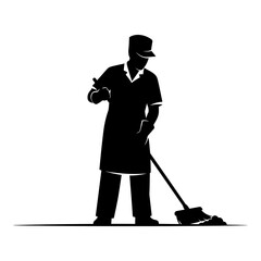Black silhouette of a person in uniform sweeping dirt with a broom image 1