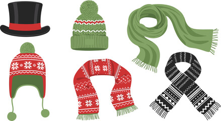 Winter Hats and Scarves Set, Christmas Nordic Pattern, Knitted Cap, Ear Flap Hat, Top Hat, Cold Weather Accessories, Vector Apparel
