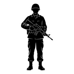 Black silhouette of a soldier holding a rifle on a white background image