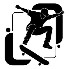 Black silhouette of a skateboarder performing a trick in a graphic frame skateboarding skater