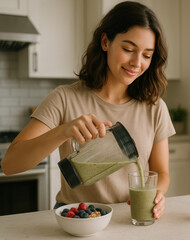 Young woman pouring delicious green smoothie in bright kitchen, promoting healthy lifestyle and organic nutrition for wellness and vibrant energy boost