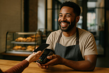 Happy barista assisting customer with mobile payment at checkout in modern cafe, showcasing seamless transactions and excellent customer service experiences