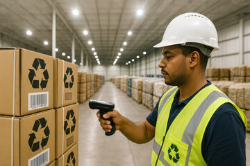 Efficient warehouse worker scanning recycle boxes with modern equipment for inventory tracking and supply chain management, promoting sustainability
