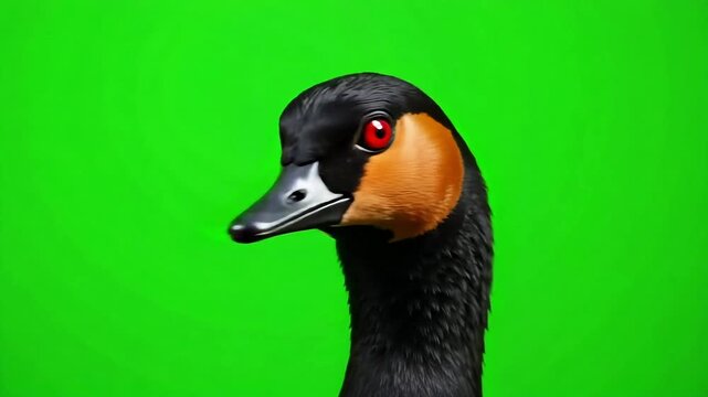 Dramatic portrait of a vibrant duck with striking red eyes and sleek black feathers against a vivid green backdrop, perfect for eye-catching marketing materials