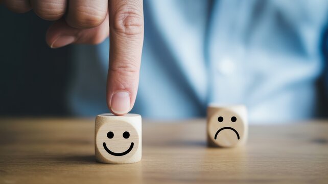 Happy Choice: A hand chooses a happy face cube from choice of faces to express choosing joyful emotion