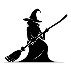 Black silhouette of a witch with pointed hat and broomstick on white image