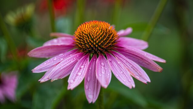 Echinacea purpurea flower presenting its vibrant purple petals and spiky orange brown cone head, adorned with delicate water droplets reflecting nature's freshness - Powered by Adobe