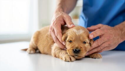 Puppy receiving a health checkup from a caring veterinarian during a routine examination at an animal clinic, ensuring wellness and preventative care for young pets