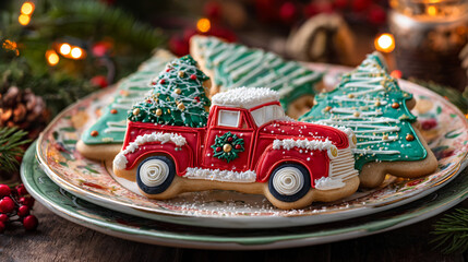 Festive christmas cookies with truck and tree shapes on a plate close up.